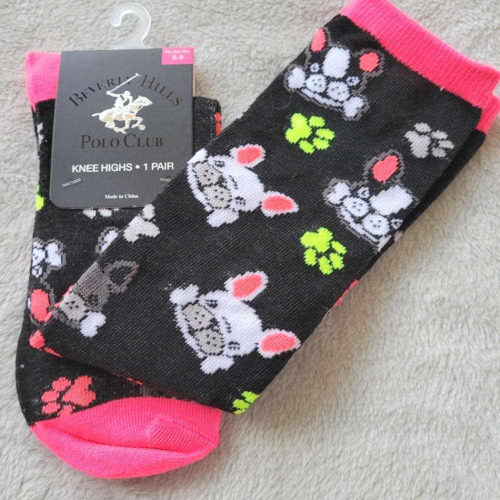 Black French Bulldog Knee Highs Pink Toe Socks New